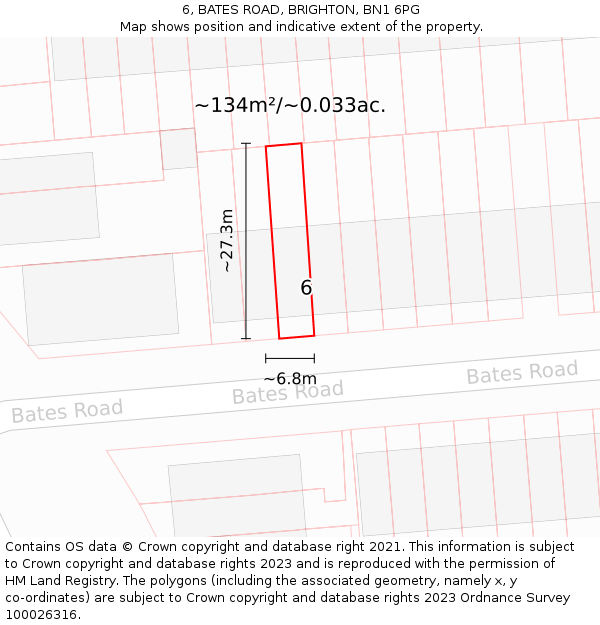 6, BATES ROAD, BRIGHTON, BN1 6PG: Plot and title map