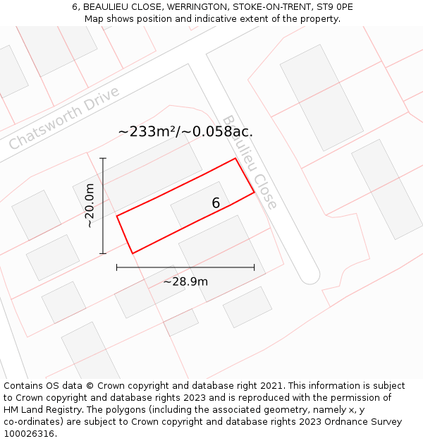 6, BEAULIEU CLOSE, WERRINGTON, STOKE-ON-TRENT, ST9 0PE: Plot and title map