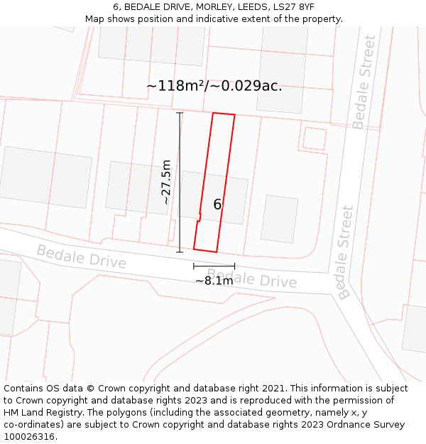 6, BEDALE DRIVE, MORLEY, LEEDS, LS27 8YF: Plot and title map