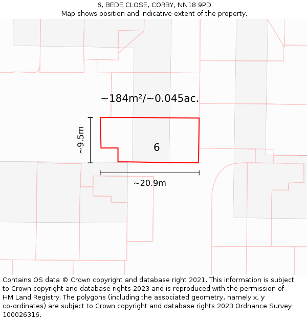 6, BEDE CLOSE, CORBY, NN18 9PD: Plot and title map