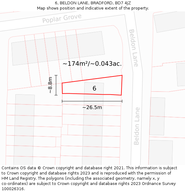6, BELDON LANE, BRADFORD, BD7 4JZ: Plot and title map