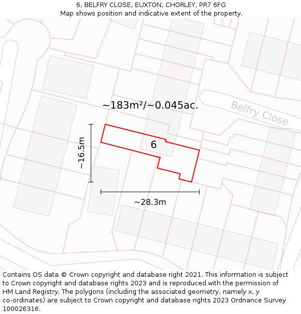 6, BELFRY CLOSE, EUXTON, CHORLEY, PR7 6FG: Plot and title map