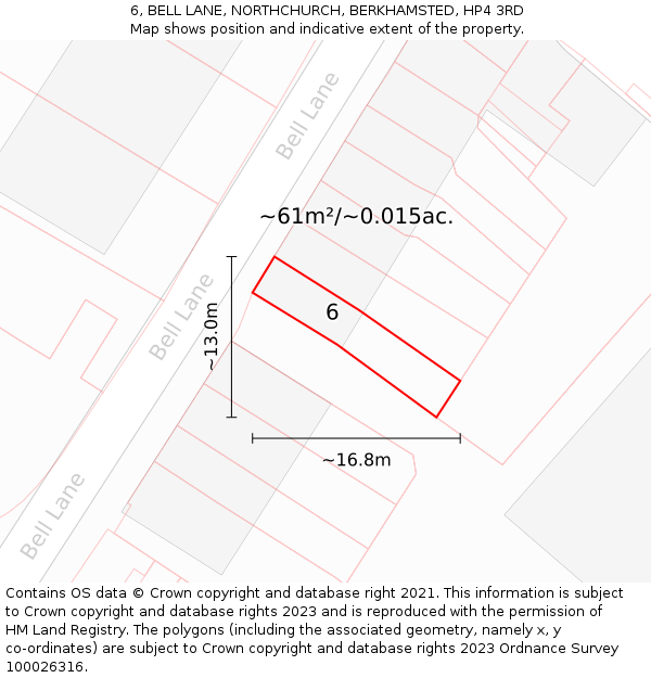 6, BELL LANE, NORTHCHURCH, BERKHAMSTED, HP4 3RD: Plot and title map