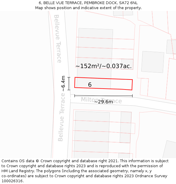 6, BELLE VUE TERRACE, PEMBROKE DOCK, SA72 6NL: Plot and title map