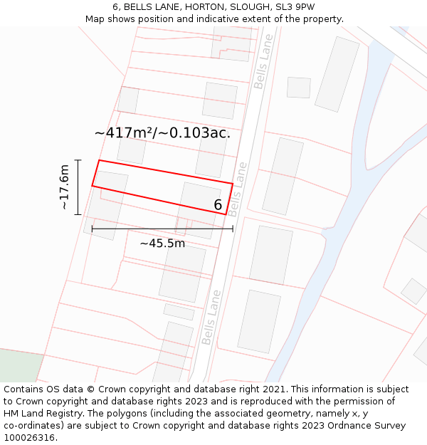 6, BELLS LANE, HORTON, SLOUGH, SL3 9PW: Plot and title map