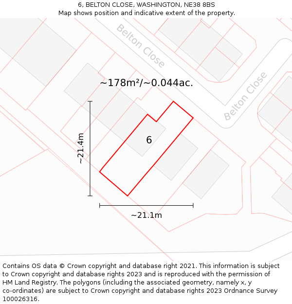 6, BELTON CLOSE, WASHINGTON, NE38 8BS: Plot and title map