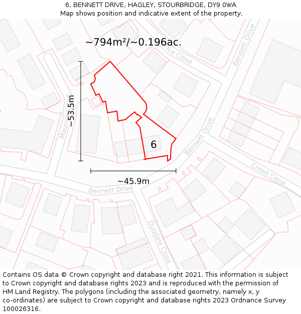 6, BENNETT DRIVE, HAGLEY, STOURBRIDGE, DY9 0WA: Plot and title map