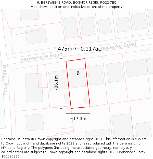 6, BEREWEEKE ROAD, BOGNOR REGIS, PO22 7EQ: Plot and title map