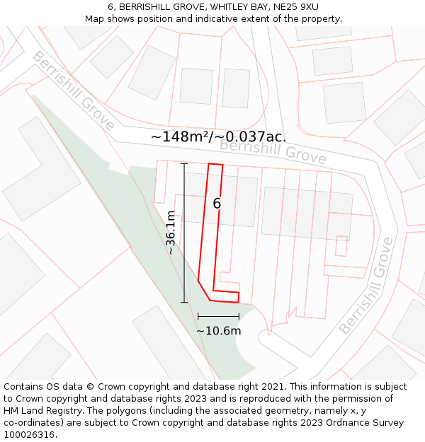 6, BERRISHILL GROVE, WHITLEY BAY, NE25 9XU: Plot and title map