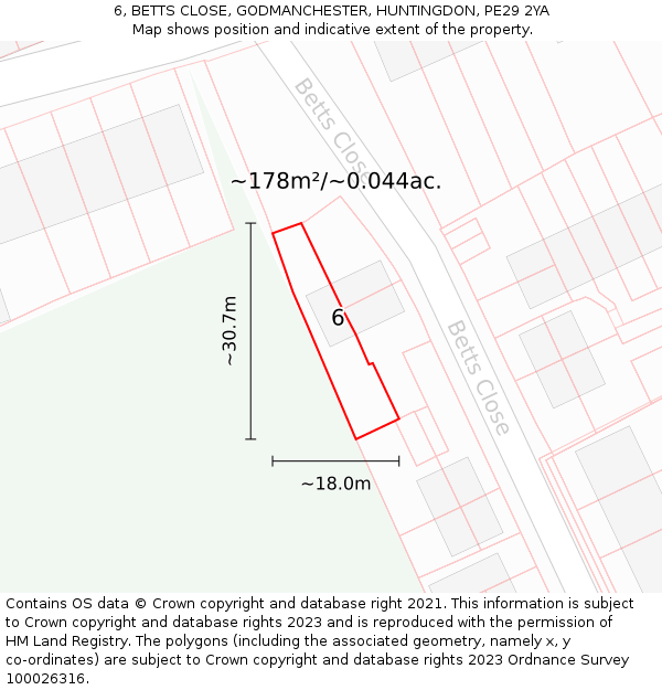 6, BETTS CLOSE, GODMANCHESTER, HUNTINGDON, PE29 2YA: Plot and title map