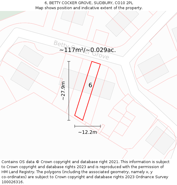 6, BETTY COCKER GROVE, SUDBURY, CO10 2PL: Plot and title map