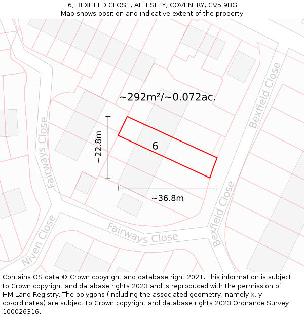 6, BEXFIELD CLOSE, ALLESLEY, COVENTRY, CV5 9BG: Plot and title map