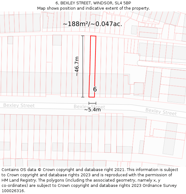 6, BEXLEY STREET, WINDSOR, SL4 5BP: Plot and title map
