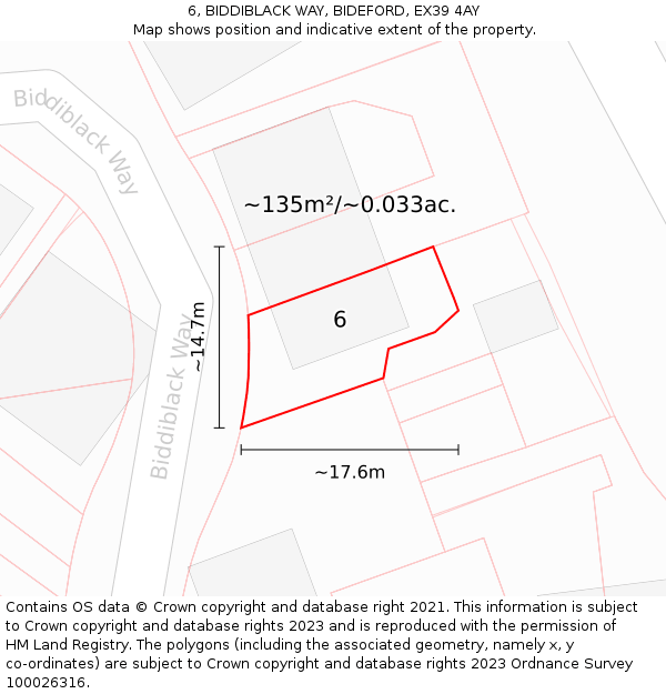 6, BIDDIBLACK WAY, BIDEFORD, EX39 4AY: Plot and title map