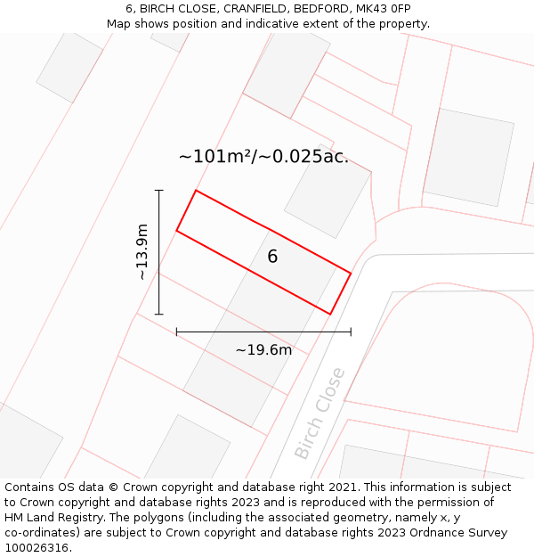 6, BIRCH CLOSE, CRANFIELD, BEDFORD, MK43 0FP: Plot and title map