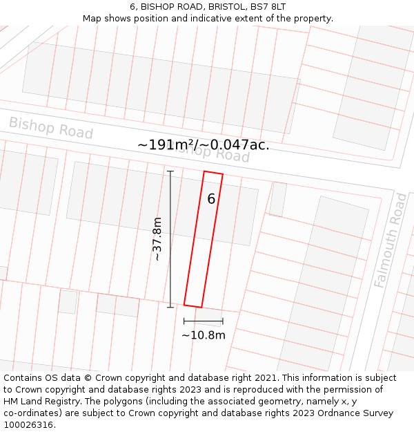 6, BISHOP ROAD, BRISTOL, BS7 8LT: Plot and title map