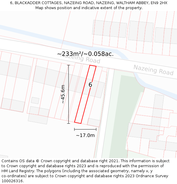 6, BLACKADDER COTTAGES, NAZEING ROAD, NAZEING, WALTHAM ABBEY, EN9 2HX: Plot and title map