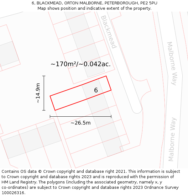 6, BLACKMEAD, ORTON MALBORNE, PETERBOROUGH, PE2 5PU: Plot and title map