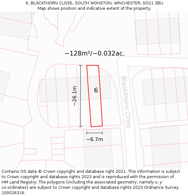6, BLACKTHORN CLOSE, SOUTH WONSTON, WINCHESTER, SO21 3BU: Plot and title map