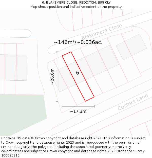 6, BLAKEMERE CLOSE, REDDITCH, B98 0LY: Plot and title map