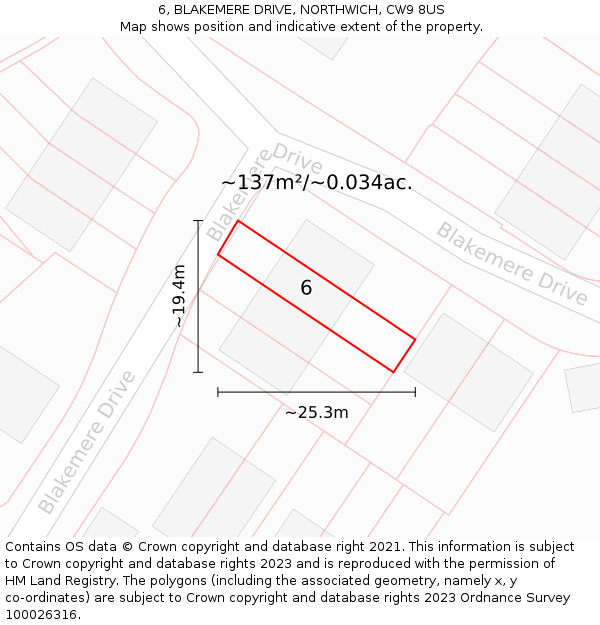 6, BLAKEMERE DRIVE, NORTHWICH, CW9 8US: Plot and title map