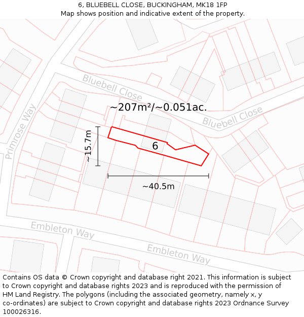 6, BLUEBELL CLOSE, BUCKINGHAM, MK18 1FP: Plot and title map