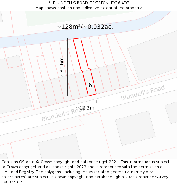 6, BLUNDELLS ROAD, TIVERTON, EX16 4DB: Plot and title map
