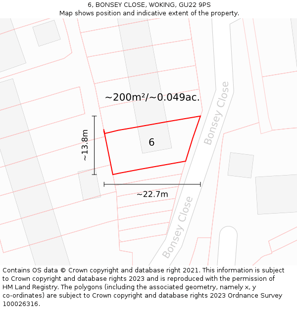 6, BONSEY CLOSE, WOKING, GU22 9PS: Plot and title map