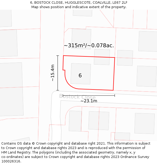 6, BOSTOCK CLOSE, HUGGLESCOTE, COALVILLE, LE67 2LF: Plot and title map