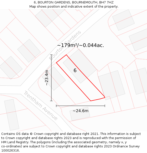 6, BOURTON GARDENS, BOURNEMOUTH, BH7 7HZ: Plot and title map