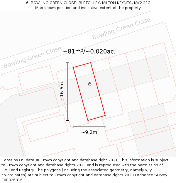 6, BOWLING GREEN CLOSE, BLETCHLEY, MILTON KEYNES, MK2 2FG: Plot and title map