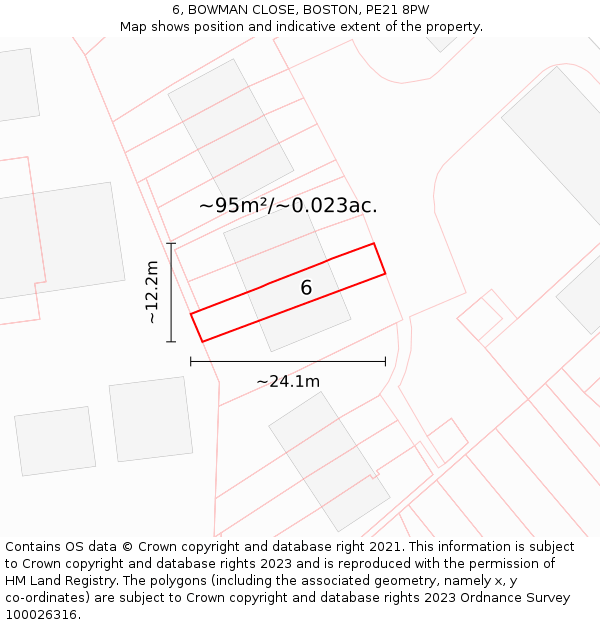 6, BOWMAN CLOSE, BOSTON, PE21 8PW: Plot and title map