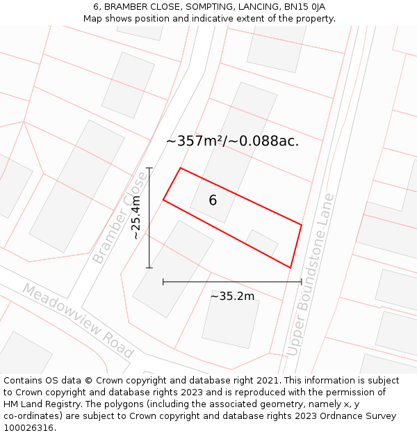 6, BRAMBER CLOSE, SOMPTING, LANCING, BN15 0JA: Plot and title map