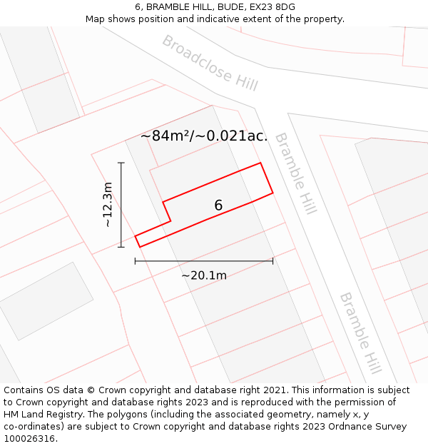 6, BRAMBLE HILL, BUDE, EX23 8DG: Plot and title map
