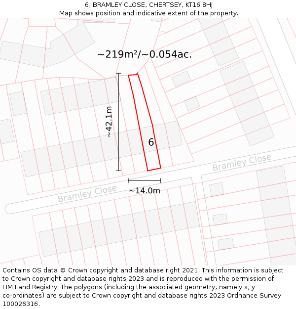 6, BRAMLEY CLOSE, CHERTSEY, KT16 8HJ: Plot and title map