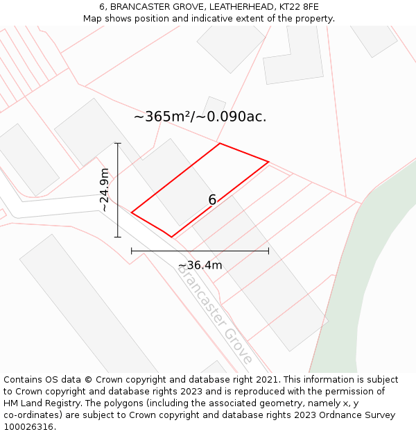 6, BRANCASTER GROVE, LEATHERHEAD, KT22 8FE: Plot and title map