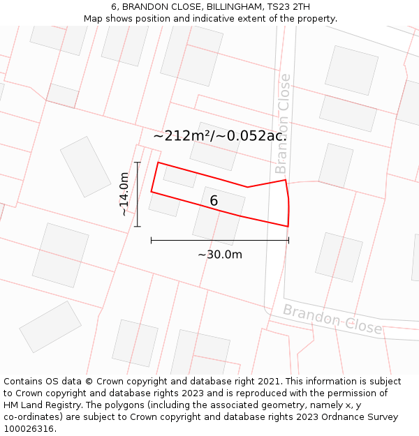 6, BRANDON CLOSE, BILLINGHAM, TS23 2TH: Plot and title map