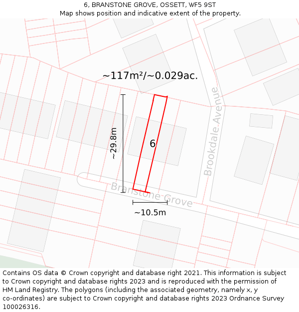 6, BRANSTONE GROVE, OSSETT, WF5 9ST: Plot and title map