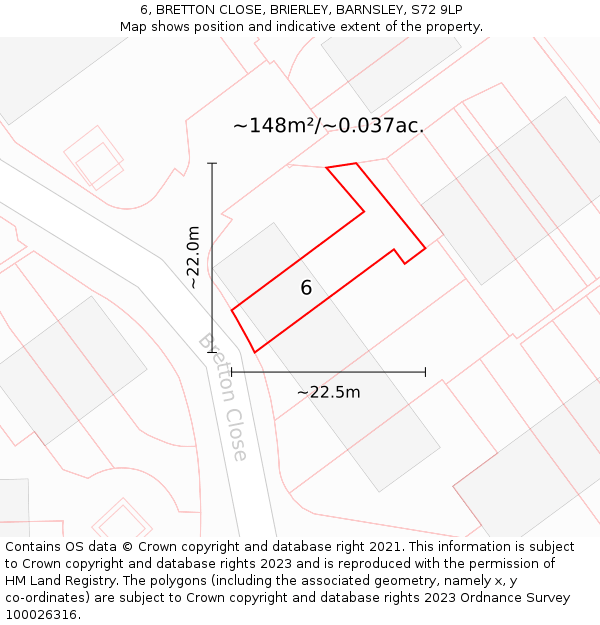6, BRETTON CLOSE, BRIERLEY, BARNSLEY, S72 9LP: Plot and title map