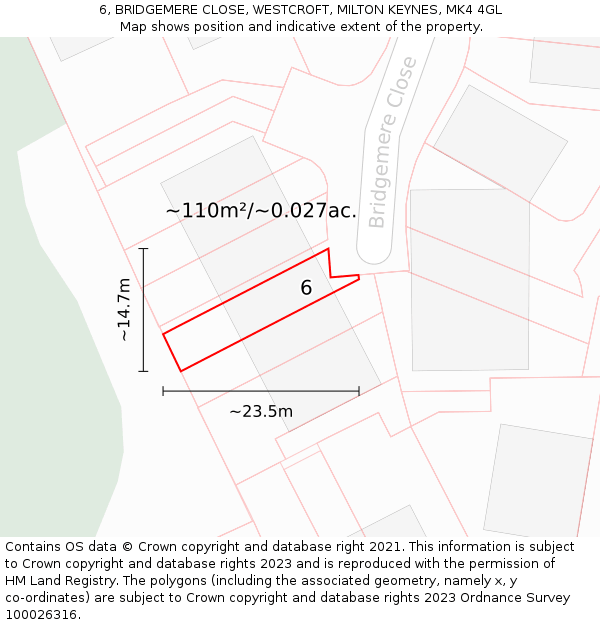 6, BRIDGEMERE CLOSE, WESTCROFT, MILTON KEYNES, MK4 4GL: Plot and title map