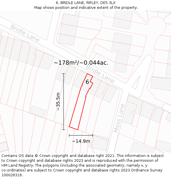 6, BRIDLE LANE, RIPLEY, DE5 3LX: Plot and title map