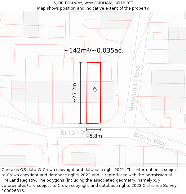 6, BRITON WAY, WYMONDHAM, NR18 0TT: Plot and title map