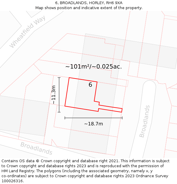 6, BROADLANDS, HORLEY, RH6 9XA: Plot and title map