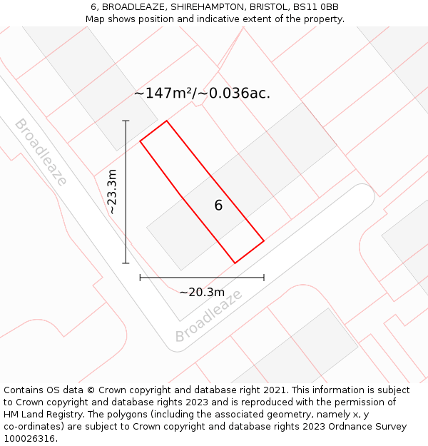 6, BROADLEAZE, SHIREHAMPTON, BRISTOL, BS11 0BB: Plot and title map