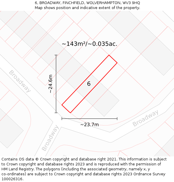 6, BROADWAY, FINCHFIELD, WOLVERHAMPTON, WV3 9HQ: Plot and title map