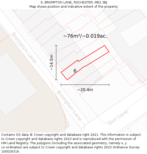 6, BROMPTON LANE, ROCHESTER, ME2 3BJ: Plot and title map