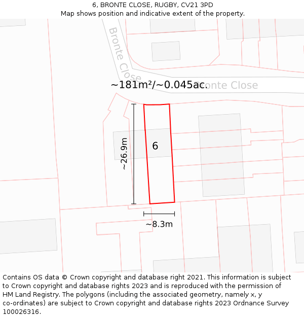 6, BRONTE CLOSE, RUGBY, CV21 3PD: Plot and title map