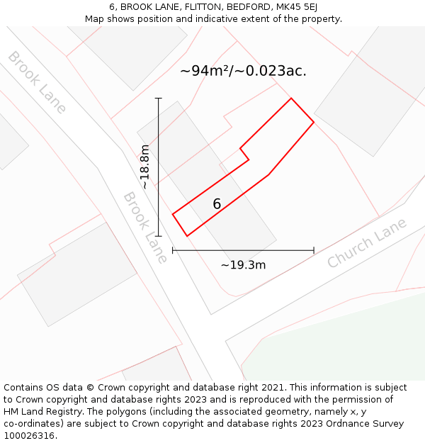 6, BROOK LANE, FLITTON, BEDFORD, MK45 5EJ: Plot and title map