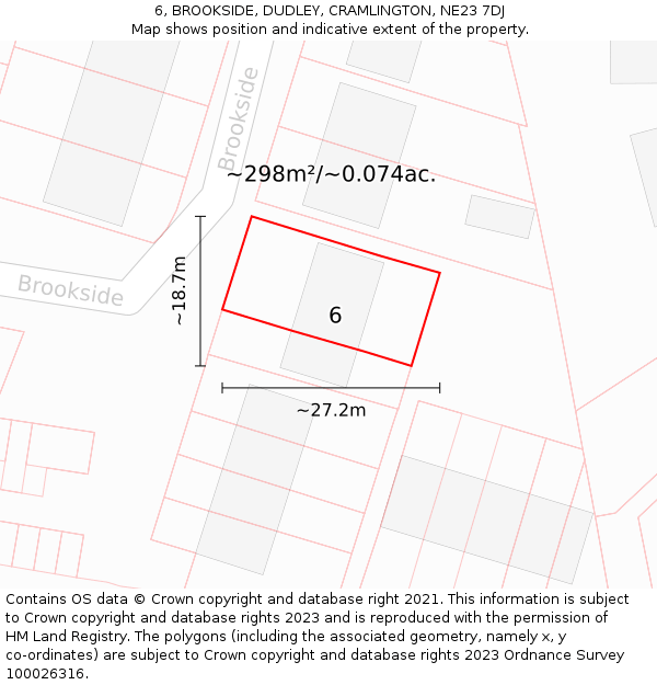 6, BROOKSIDE, DUDLEY, CRAMLINGTON, NE23 7DJ: Plot and title map