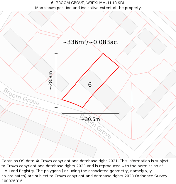 6, BROOM GROVE, WREXHAM, LL13 9DL: Plot and title map
